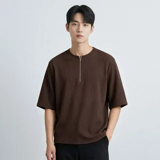 B&R เสื้อยืดแขนสั้น Short-sleeved T-shirt การออกแบบซิปครึ่ง ผ้าลายวาฟเฟิล สีพื้น เรียบง่ายสไตล์ญี่ปุ่น รูปแบบหลวมสบาย