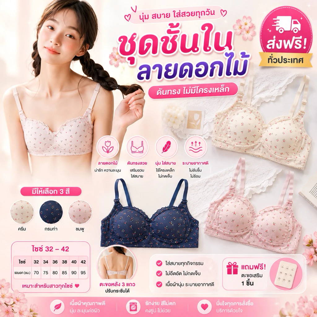 PrettyLady Shop（6900）ชุดชั้นในลายดอกไม้ ดันทรง ไม่มีโครงเหล็ก สำหรับผู้หญิง