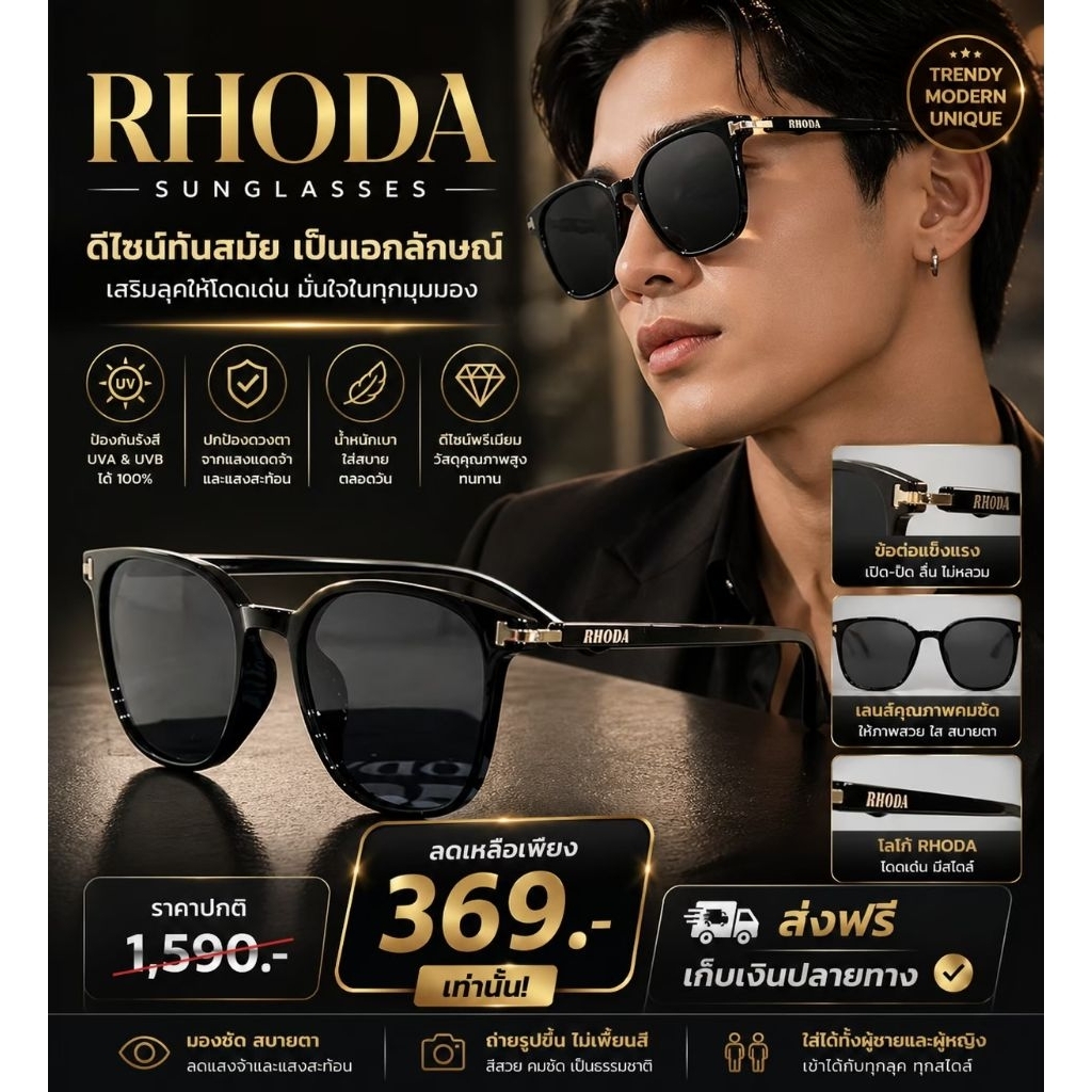 แว่นกันแดด เลนส์โพลาไรซ์( แบรนด์ RHODA) ของแท้ ลดแสงสะท้อน มองสบายตา ใส่ขับรถดีมาก กันแดด