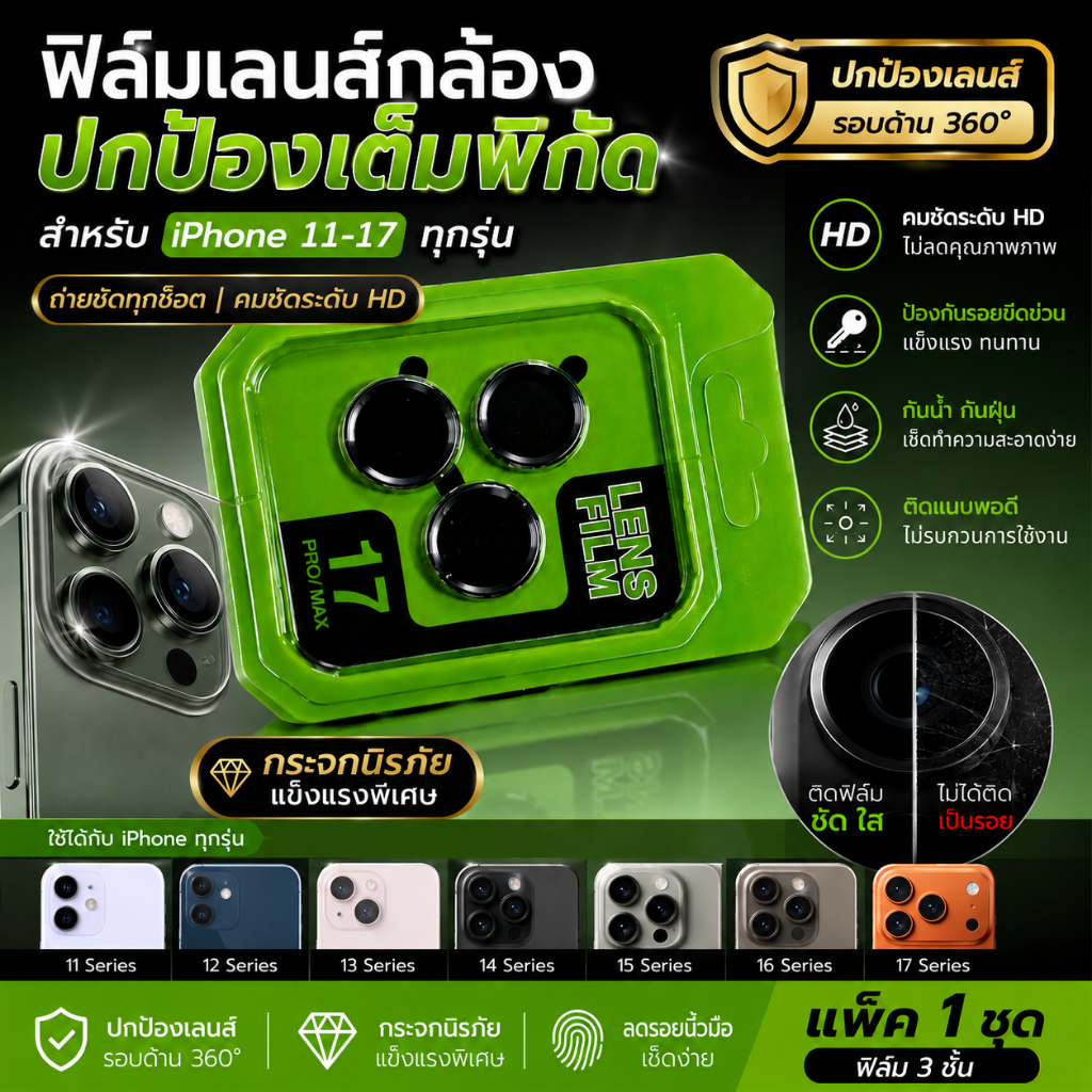 📱 ฟิล์มกันรอยเลนส์กล้อง iPhone ทุกรุ่น HD ใสคมชัด กันแตก กันรอยขีดข่วน เลนส์กล้องนิรภัย ติดง่าย