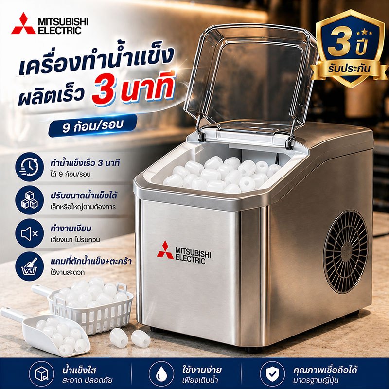 เครื่องทำน้ำแข็งอัตโนมัติ ice maker 9 ก้อน/รอบ ทำน้ำแข็งเร็ว ปรับขนาดน้ำแข็งได้ รับประกัน 3 ปี แถมที่ตักน้ำแข็ง+ตะกร้า