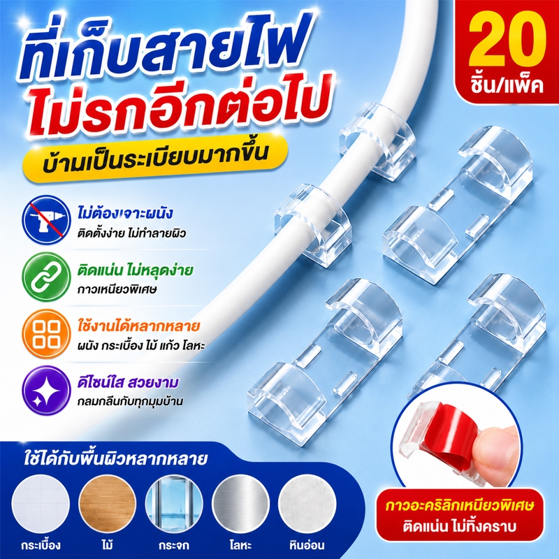 COD ตัวเก็บสายไฟ（1แพ็ค 20ชิ้น）ที่เก็บสายไฟ ตัวเก้บสายไฟรุ่นพิเศษเเถมกาวยึดติด ใต้โต๊ะ, ผนัง, โฮมออฟฟิศ จัดระเบียบสายไฟ