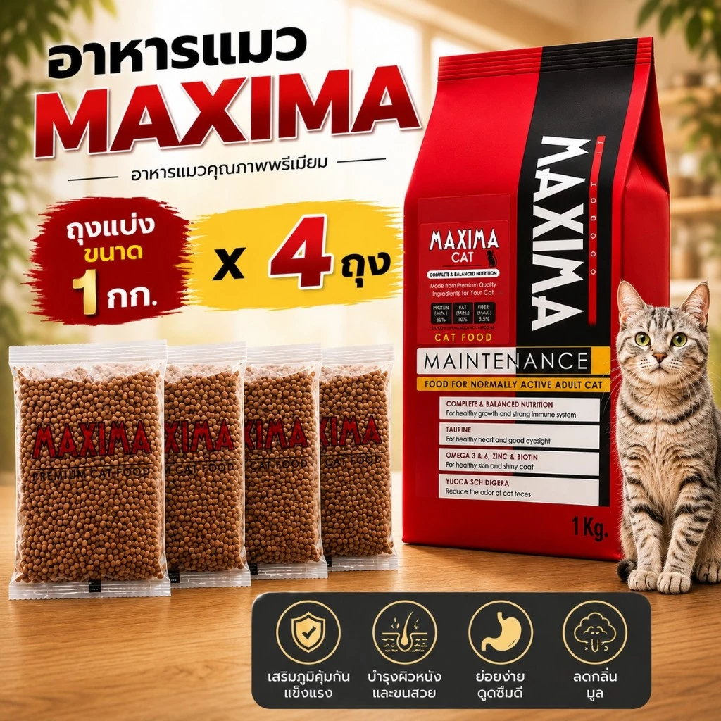 (ถุงแบ่ง) อาหารแมว Maxima 4 กก. สูตรบำรุงขนและผิวหนัง