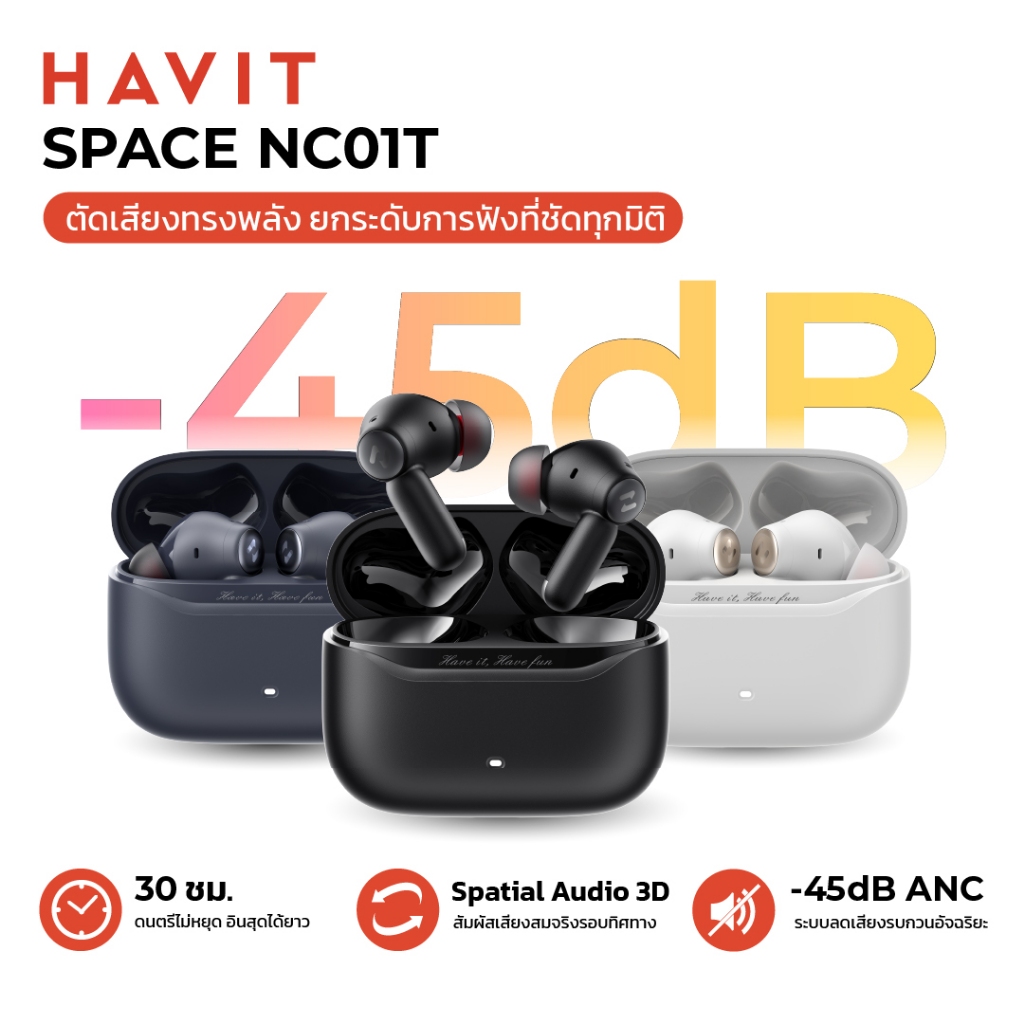 HAVIT SPACE NC01T  (TW991 PRO) หูฟังไร้สาย หูฟังบลูทูธ สัมผัสเสียงแบบ 3D ANC -45dB แบตอึด 30 ชม.