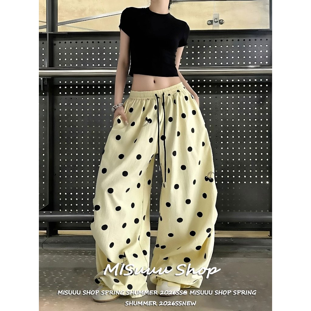 [Misuuu-Summer Quick-Dry Fabric Long Pants]กางเกงทรงหลวมสไตล์ไฮสตรีทลายย่นฟีลผ่อนคลายวินเทจลายจุดโพลก้าเต็มตัว