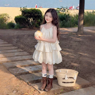 PRINCESS KESLI ชุดเดรสแขนกุด คอกลม แต่งระบาย แต่งระบาย หลายชั้น สีเบจ สไตล์เจ้าหญิง สําหรับเด็กผู้หญิง 2-9 ปี