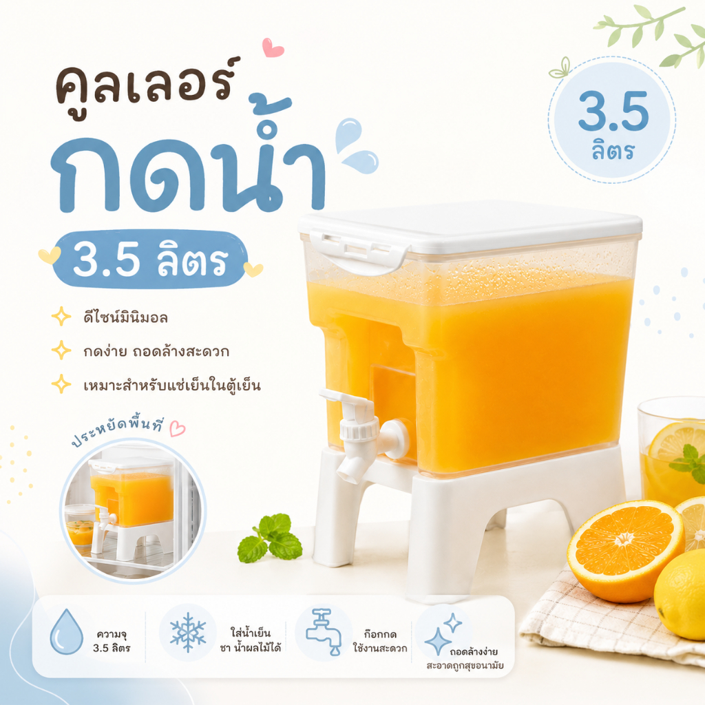 คูลเลอร์กดน้ำทรงสีเหลี่ยม (3.5 ลิตร) อเนกประสงค์ กระติกน้ำมีก๊อก คูลเลอร์ใส่น้ำ กระติกน้ำแบบพกพา