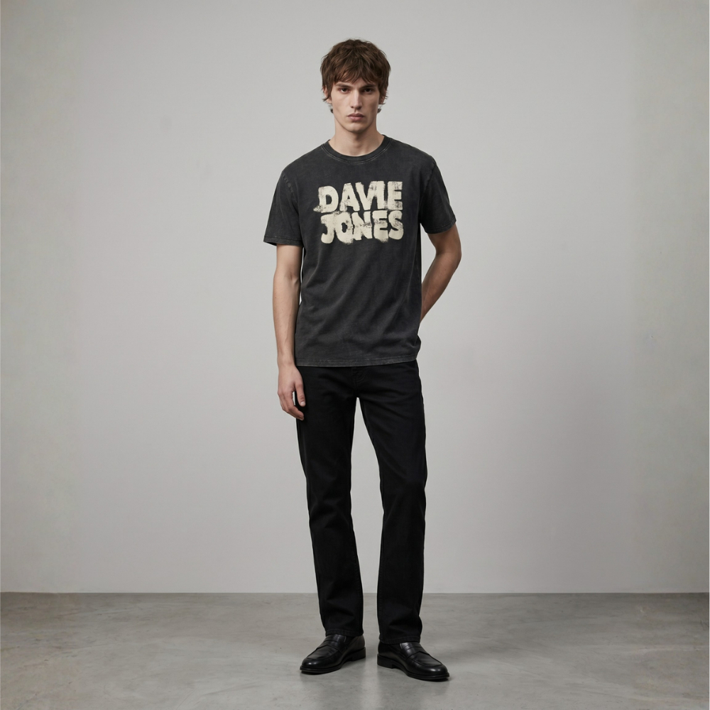 DAVIE JONES تيشيرت رجالي Slim Fit بالشعار — أسود مغسول