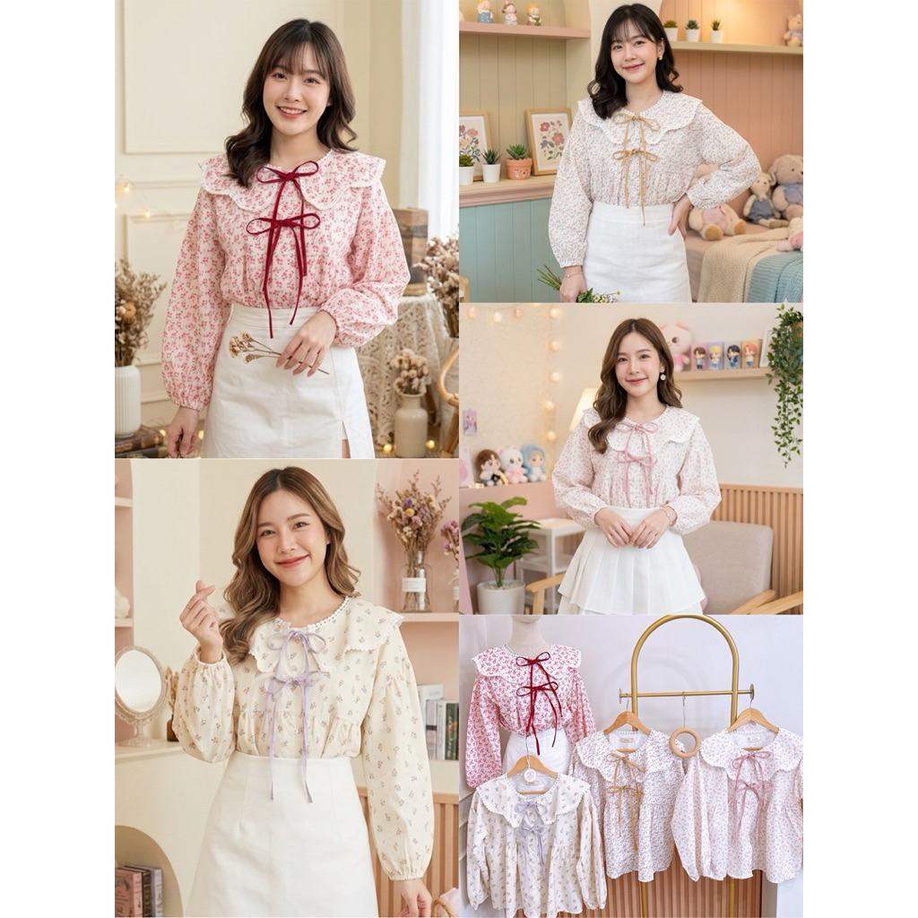 เสื้อเชิ้ตแขนยาว คอบัวหยัก กระดุมหน้าใช้งานได้จริง แต่งโบว์ 2 เลเยอร์