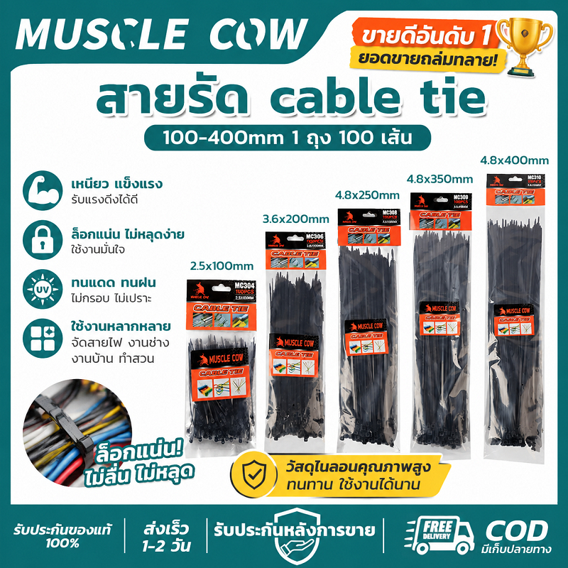 MUSCLE COW สายรัด Cable Tie 100-400mm 1 ถุง 100 เส้น แข็งแรงทนทาน ใช้จัดระเบียบสายไฟได้ คุณภาพดี