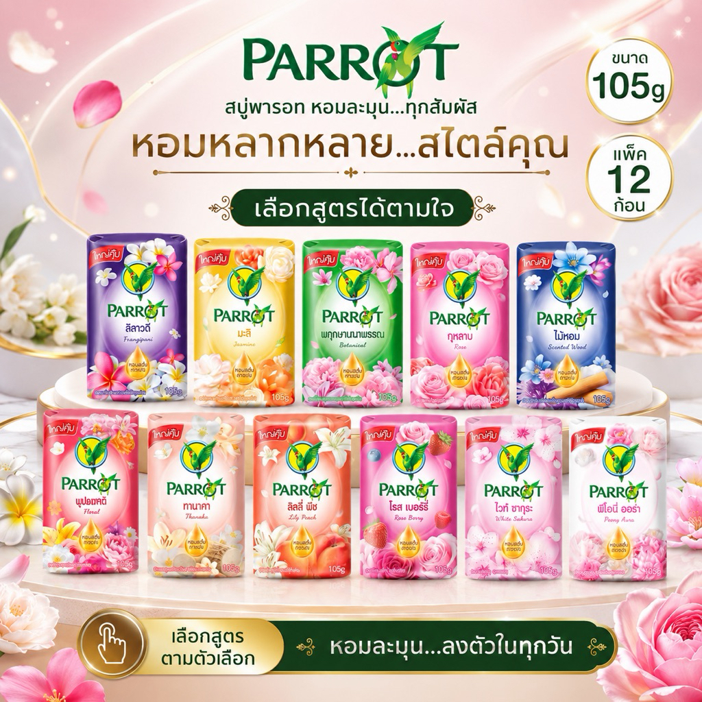 (แพ็ค 12 ก้อน)Parrot สบู่แพรอท นกแก้ว 🦜105 กรัม ยกโหล