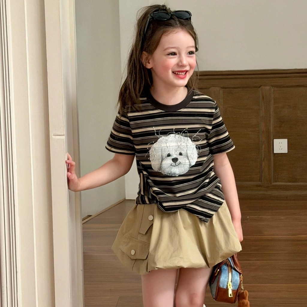 AY342  ชุดเด็กผู้หญิงสไตล์มินิมอล เสื้อแขนสั้นลายทาง กระโปรงบอลลูน