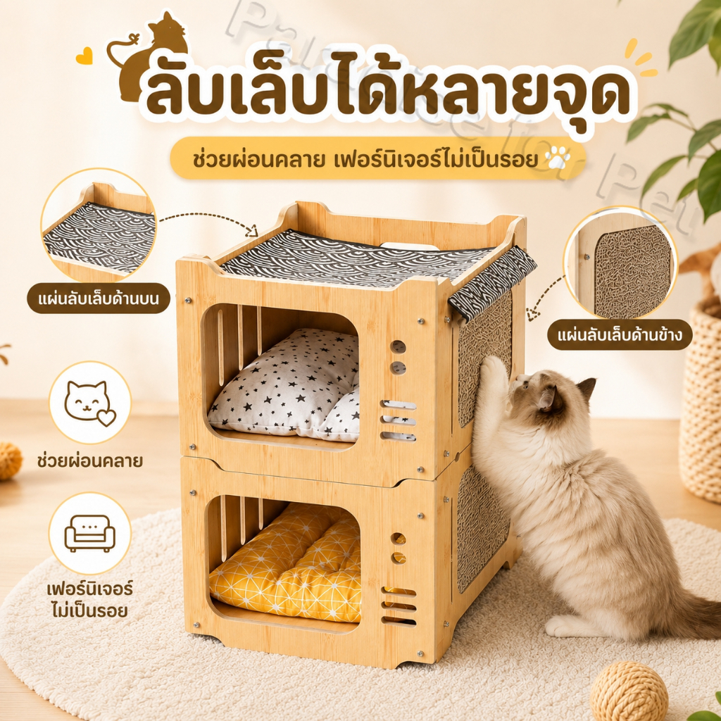 เสาลับเล็บแมว วิลล่าแมว บ้านแมว สัตว์เลี้ยงของเล่นแมวติดตามบอลแมวกระดานลับเล็บแมวตลกติด