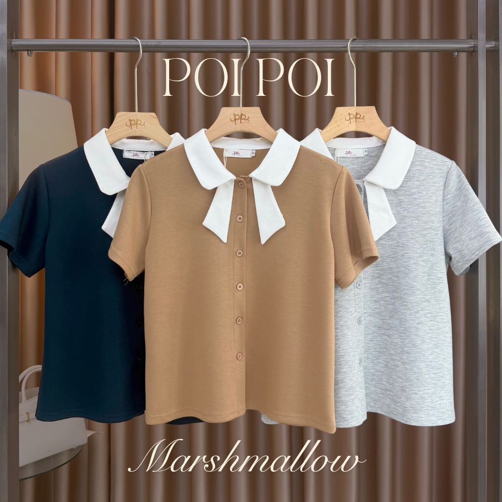 POI เสื้อยืดผ้ามาร์ชเมลโล่คอบัวแต่งสีพื้น T001F7