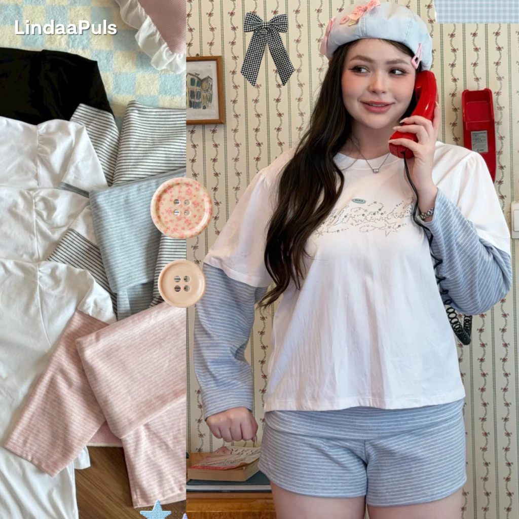 LindaaPlus-- ชุดเซ็ตลายริ้ว 2 ชิ้นสาวอวบอ้วน 🍃🌷 เสื้อแขนยาวแต่งเพชร+กางเกงขาสั้นลายริ้ว ผ้ายู เนื้อหนานุ่ม ยืด ใส่สบาย
