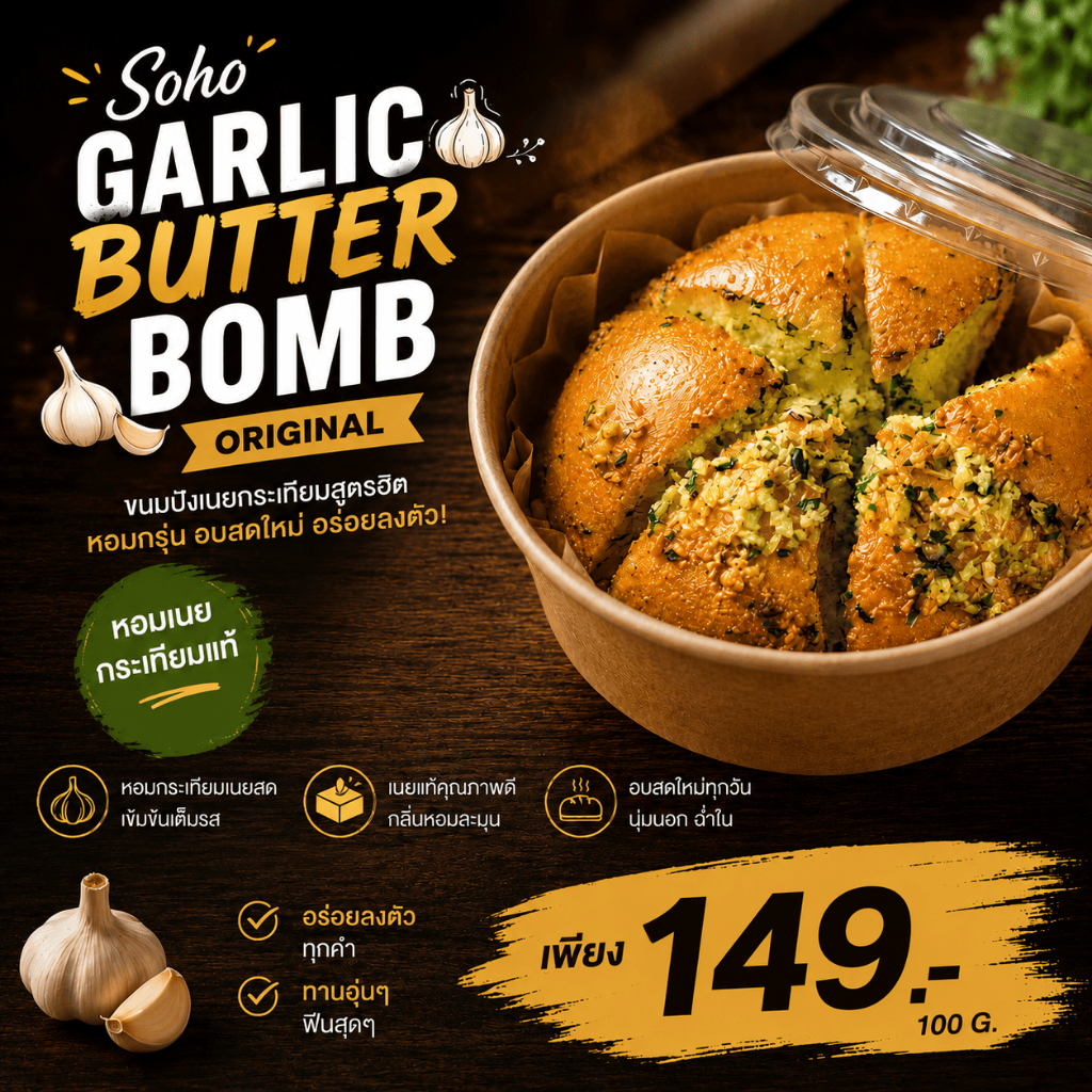 Soho Garlic Butter Bomb Original 100g 1 ชิ้น |ขนมปังโฮมเมดนาราซากิ แป้งไม่ฟอกสี หวานน้อย