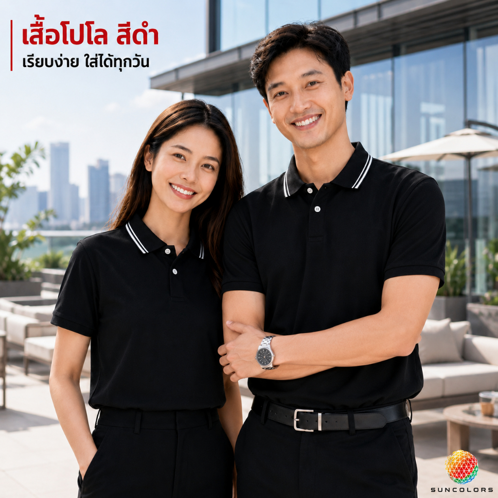 เสื้อโปโลคอปก สีดำขลิบขาว ผ้าจุดีไมโคร กระดุม 2 เม็ด ทรงมาตรฐาน ใส่ได้ทั้งชาย-หญิง มี 6 ไซส์ S-3XL | SUNCOLOR MALL