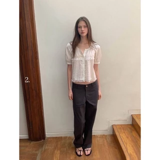 (พร้อมส่ง) ELLE TOP เสื้อแขนสั้นผ้าฉลุลูกไม้ชายเสื้อ - 9905 TAG WG.WE 🇰🇷