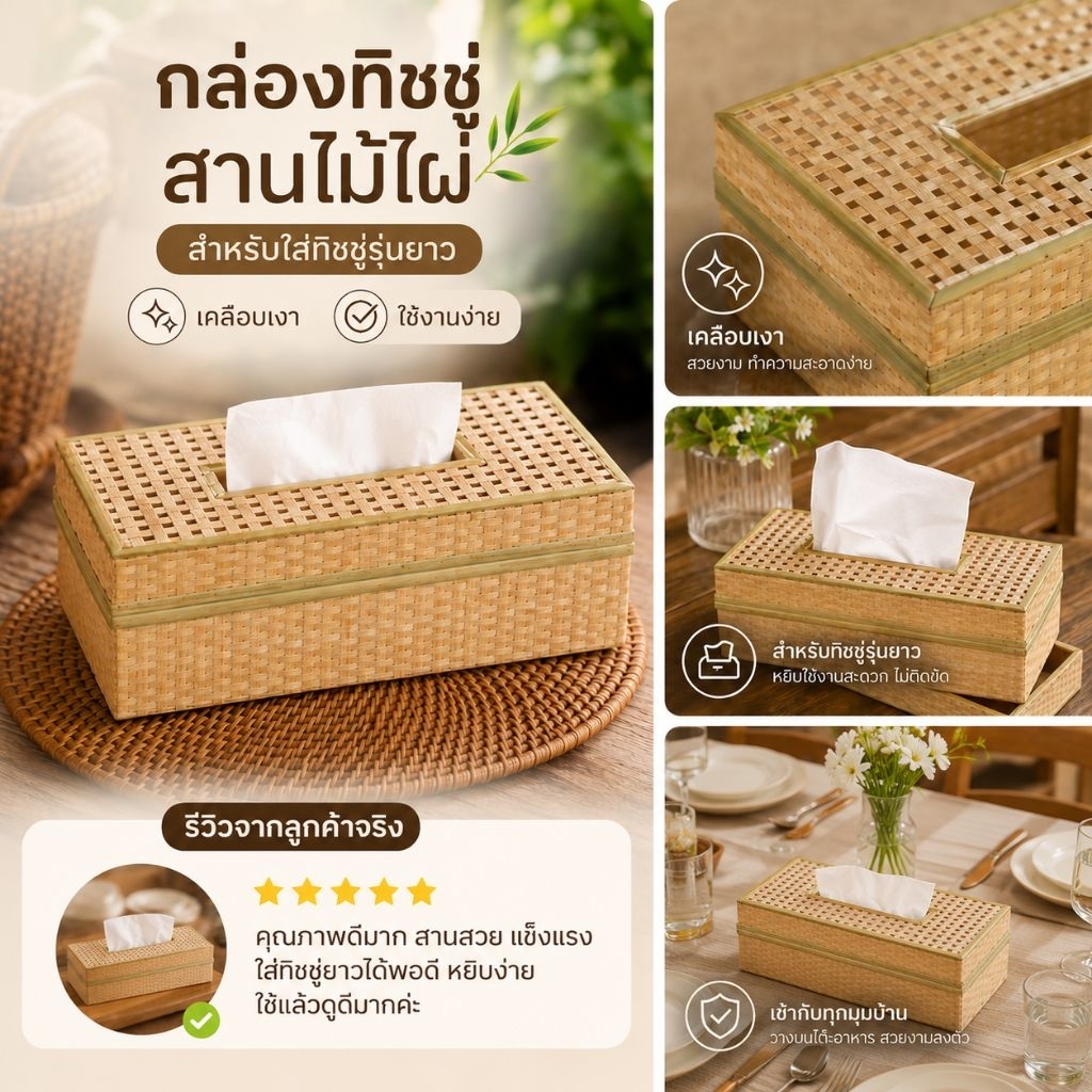 กล่องทิชชู่ แบบยาว กล่องทิชชู่สานรุ่นยาว ทาเคลือบแล้ว