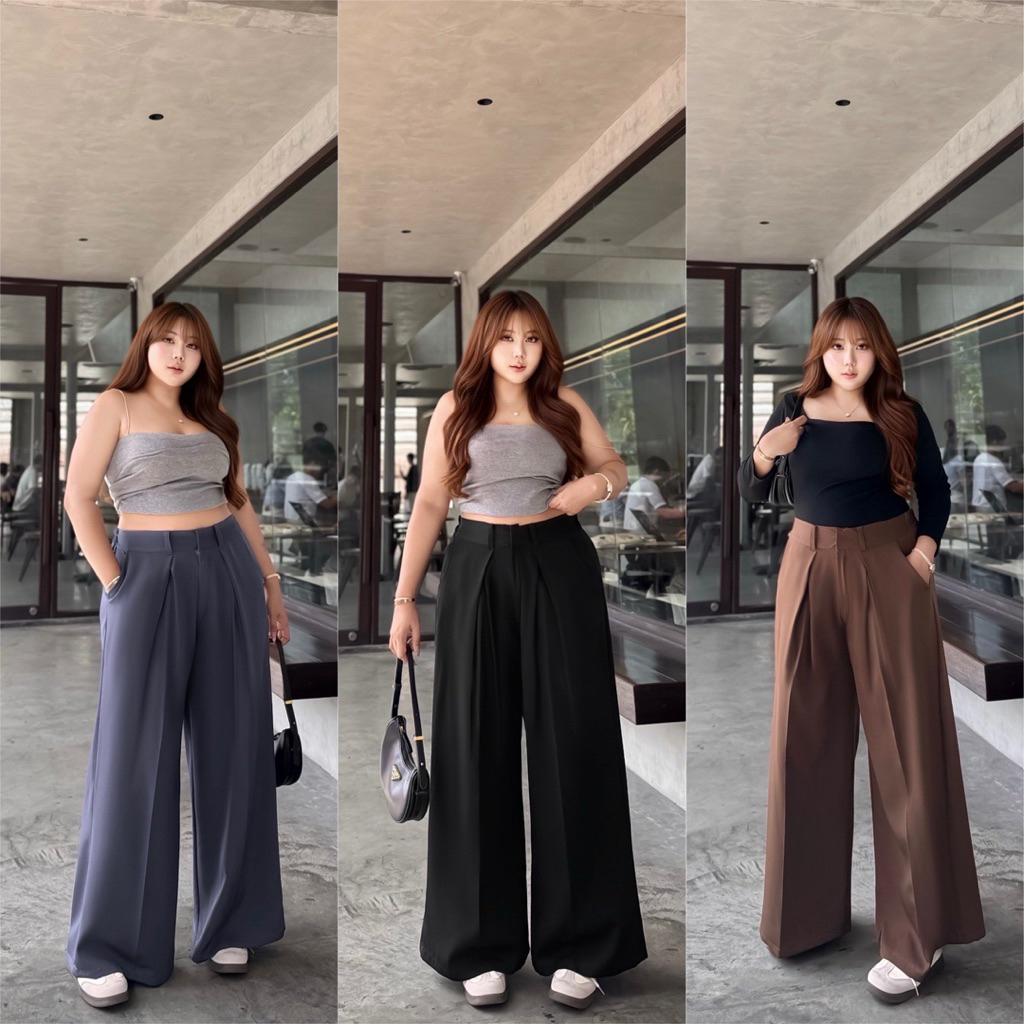 (YY) กางเกงขายาวเอวเรียบ ตะขอหน้า ทรงขากว้าง ทรงสวย ใส่แล้วดูผอมเพรียว ดูสูง เสื้อผ้าสาวอวบอ้วน พลัสไซส์ ไซส์ใหญ่