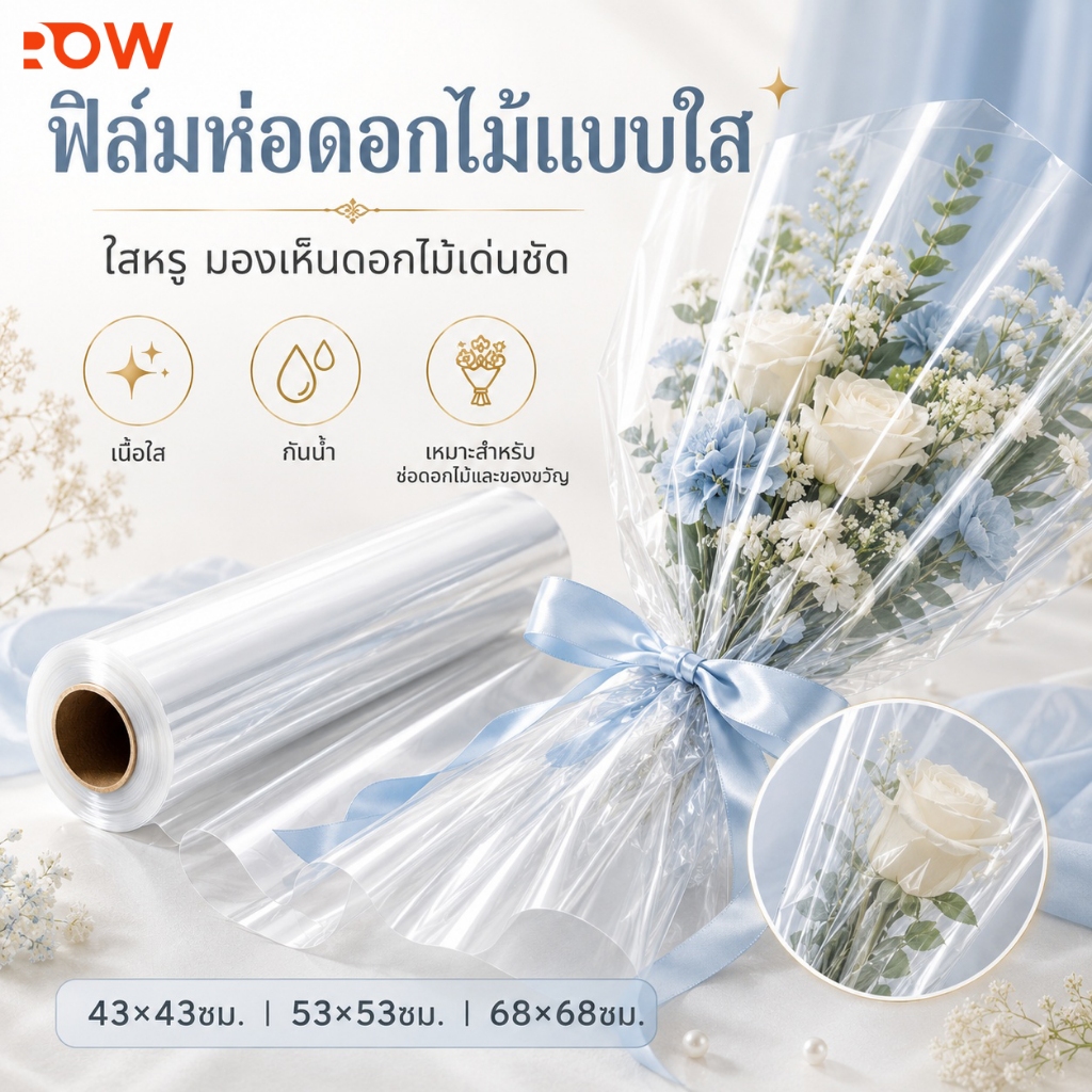 ฟิล์มใสห่อช่อดอกไม้ กันน้ำ แผ่นใสพรีเมียม สำหรับดอกไม้สด ดอกไม้ปลอม ของขวัญ งาน DIY
