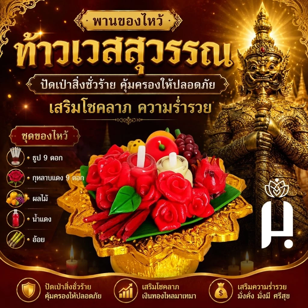 เซตไหว้บูชาท้าวเวสสุวรรณ พานดินปั้น พานกุหลาบแดง ธูปเทียนแดง พานบายศรี ผลไม้มงคล