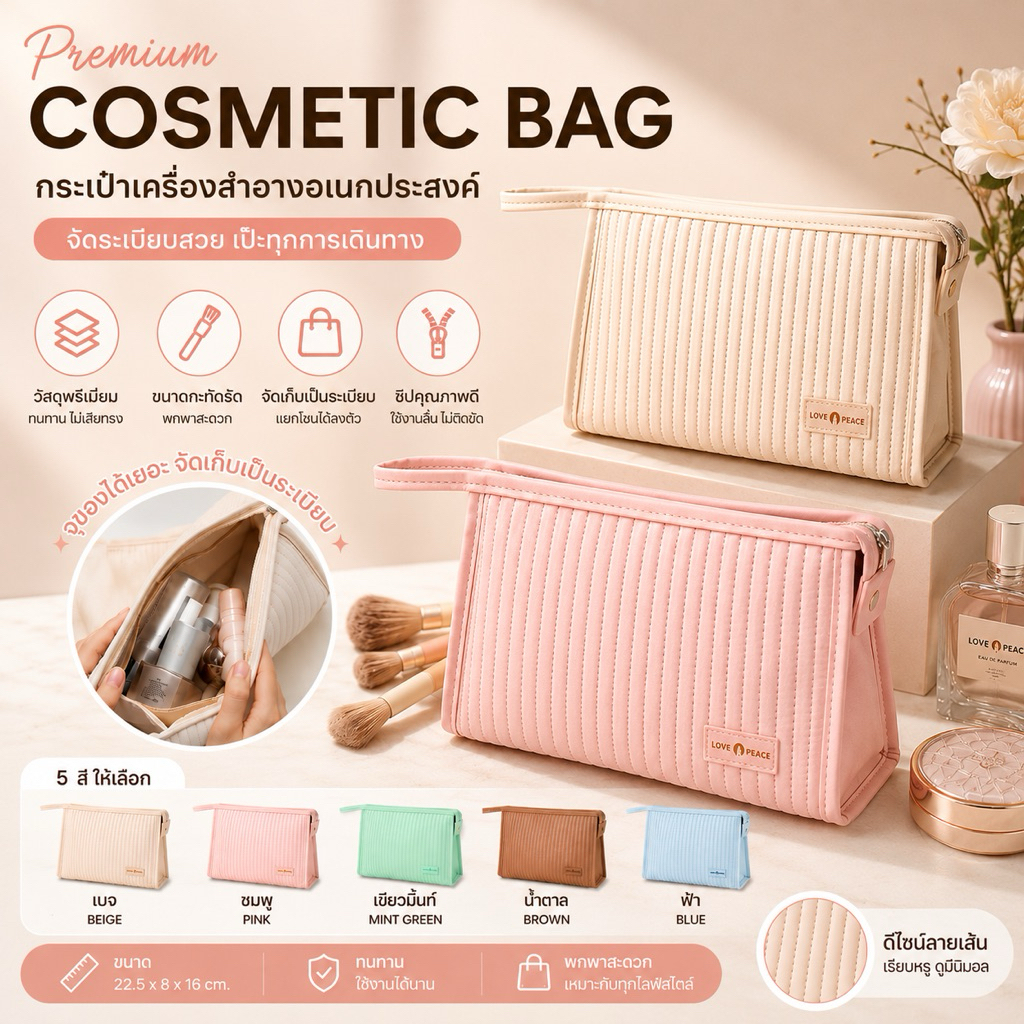 กระเป๋าเครื่องสำอางค์ทรงสี่เหลี่ยมผืนผ้าแบบพกพา “Love & Peace”  [KSO-02]