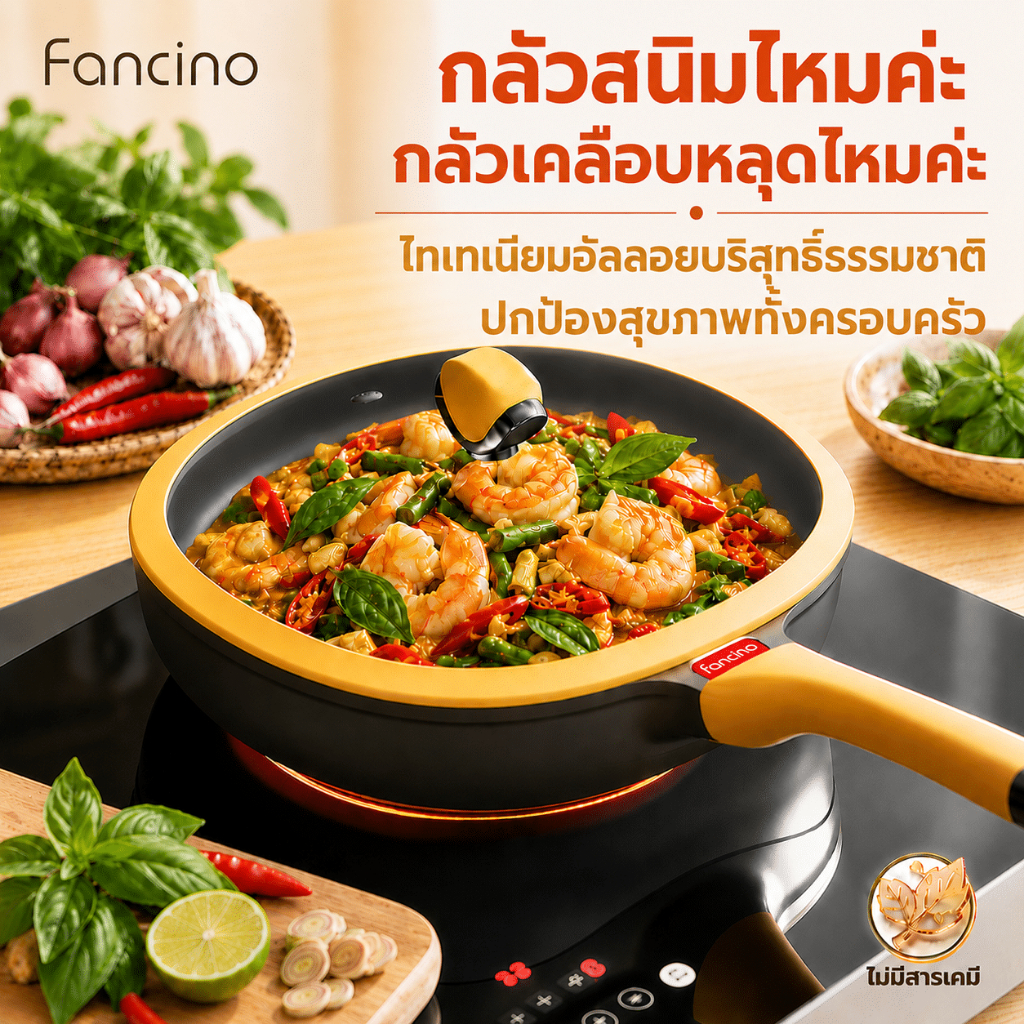 Fancino กระทะทอดไทเทเนียม 28ซม เซ็นเซอร์อุณหภูมิ ปราศ PFOA PFAS ไม่ติดธรรมชาติ มือจับทนความร้อน พร้อมฝา