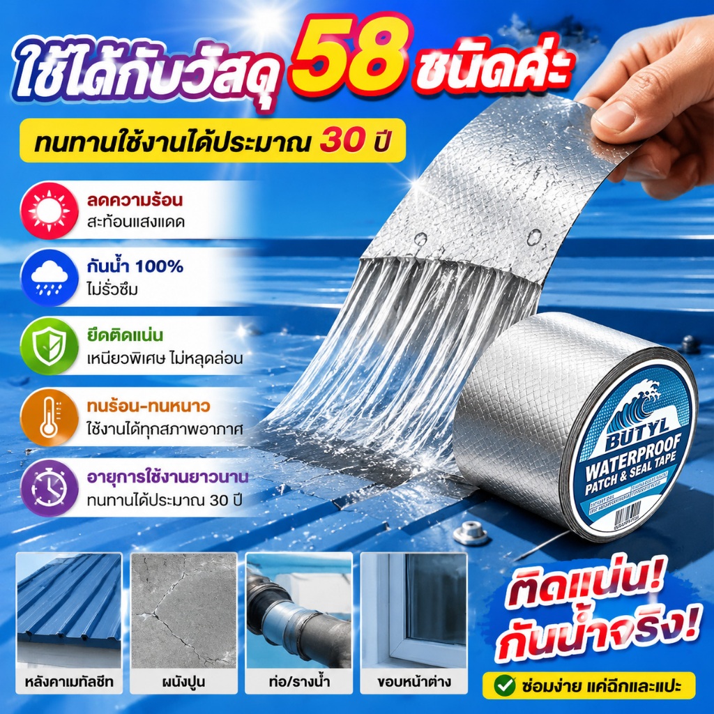 ⭐จัดส่งจากไทย⭐ทนทาน 50 ปี เทปกาวกันรั่ว เทปอลูมิเนียม เทปกาวอเนกประสงค์ เทปซิลิโคน ทนร้อน กันแตก ใช้ได้หลายวัสดุ