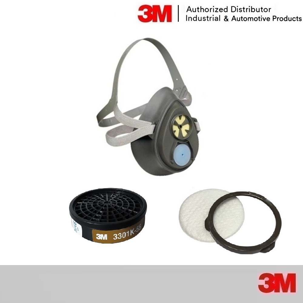 3M หน้ากากพ่นยาฆ่าแมลง ตลับกรองแก๊ส 3301K-55, หน้ากากไส้กรองเดี่ยว 3200K, แผ่นกรอง 7711, ฝาครอบ 385C