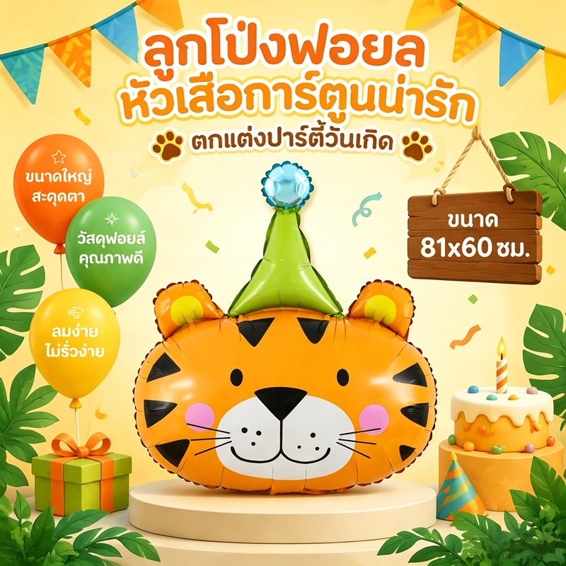 กรุงเทพจัดส่ง ลูกโป่งฟอยล์หัวเสือหมวกวันเกิด ขนาด 81x60 ซม. ตกแต่งปาร์ตี้วันเกิดเด็กธีมสัตว์น่ารัก