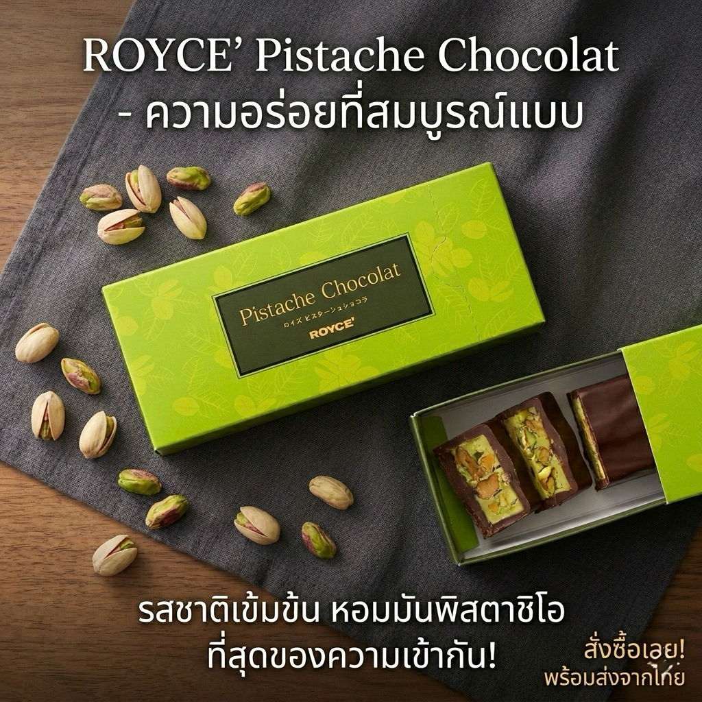 Royce' Pistache Chocolat เป็นช็อกโกแลตนมที่สอดไส้ด้วยครีมพิสตาชิโอเข้มข้น