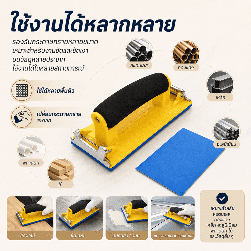 แท่นจับกระดาษทราย ด้ามจับฟองน้ำ คลิปโลหะ เปลี่ยนกระดาษง่าย ใช้ขัดไม้ โลหะ ผนัง รถยนต์ งาน DIY