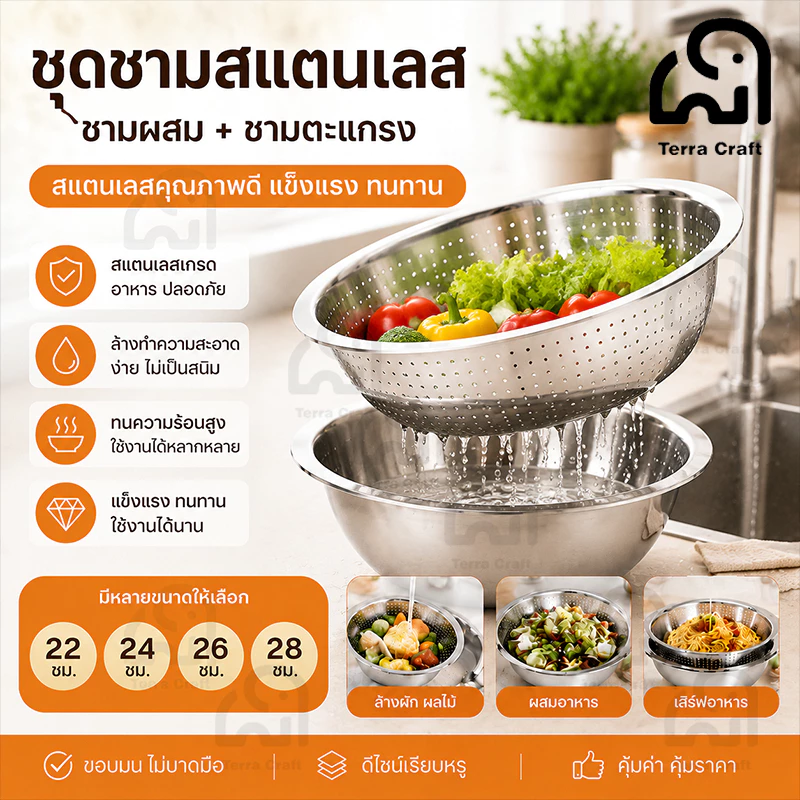 Terra Craft กะละมังสแตนเลสมีรู ชามตะแกรง ชามลึก+ชามกรอง ล้างผัก ล้างผลไม้ กรองน้ำ ชามผสม หมักเนื้อ สแตนเลส 304