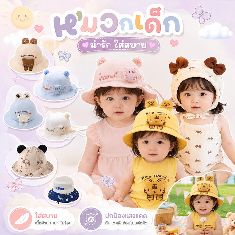 หมวกเด็ก หมวกทารก รูปร่างแมวน่ารัก ปรับขนาดได้ เนื้อผ้านุ่มสบาย ระบายอากาศได้ดี