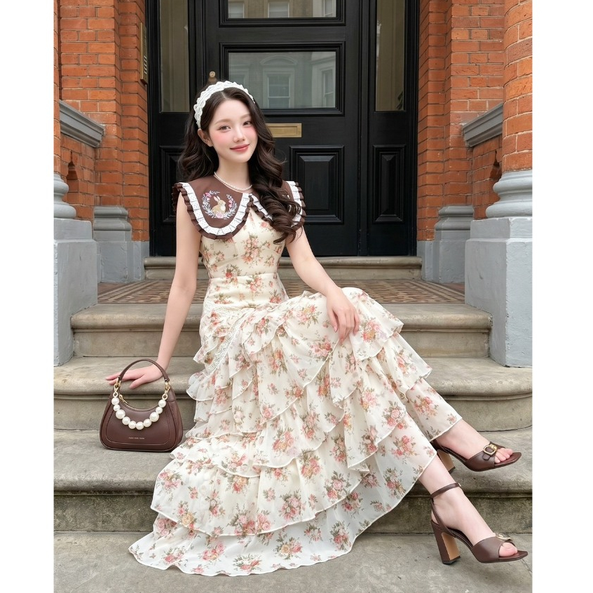 (มี3XL) Maria Diamond สีน้ำตาล Walnut Bunny Dress เดรสยาวผ้าชีฟองพิมพ์ลาย ปกงานปัก กระโปรงตัดต่อระบาย ซิปหลัง มีซับใน