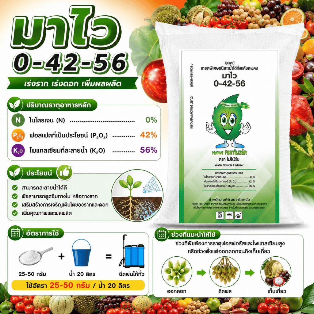 มาไว 0-42-56 ขนาด 1 กิโลกรัม ปุ๋ยเกล็ด ช่วงที่พืชต้องการ ธาตุ ฟอสฟอรัส และ โพแตสเซียมสูงหรือ ช่วง ตั