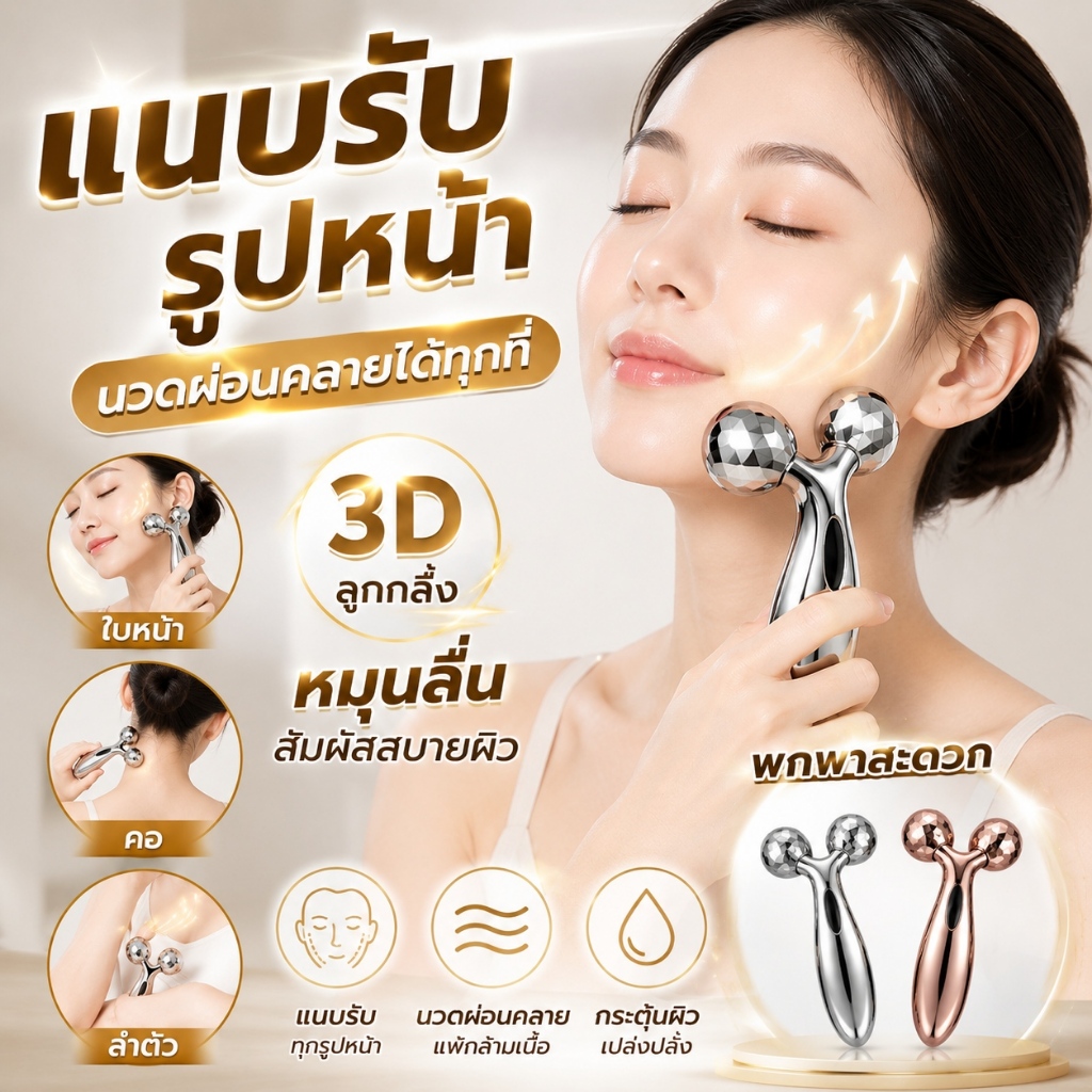 ✨ แนบรับรูปหน้า นวดผ่อนคลายได้ทุกที่ ลูกกลิ้ง 3D หมุนลื่น สัมผัสสบายผิว เหมาะสำหรับใบหน้า คอ และลำตัว พกพาสะดวก