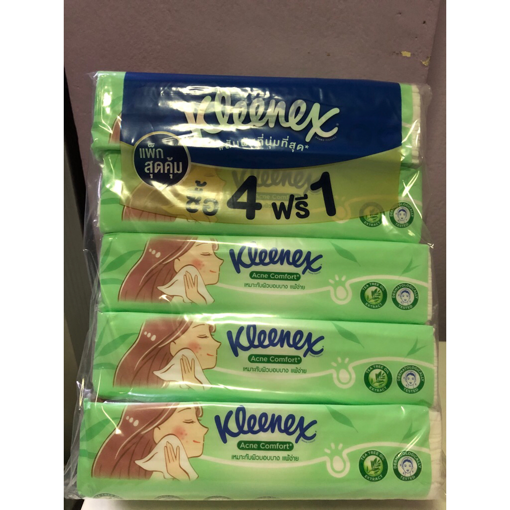 (รวม5ห่อ) 100แผ่น 5ห่อ  kleenex acne comfort เหมาะกับผิวบอบบางแพ้ง่าย
