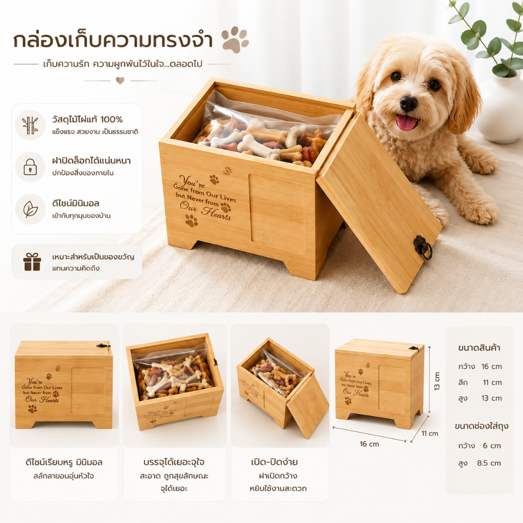 กล่องเก็บอัฐิของสัตว์เลี้ยง โกศเก็บกระดูก น้องหมา น้องหมา กระต่าย ทางเหลี่ยม มีช่องใส่รูป มีฝาปิด