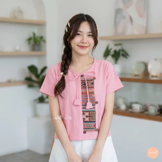 เสื้อผ้าฝ้ายเนื้อนุ่ม ผู้หญิง ผ้าฝ้ายเนื้อดี คอกลม ผูกโบว์ทิวลิป ทรงสวย เข้ารูป เนื้อผ้านิ่ม ใส่สบาย