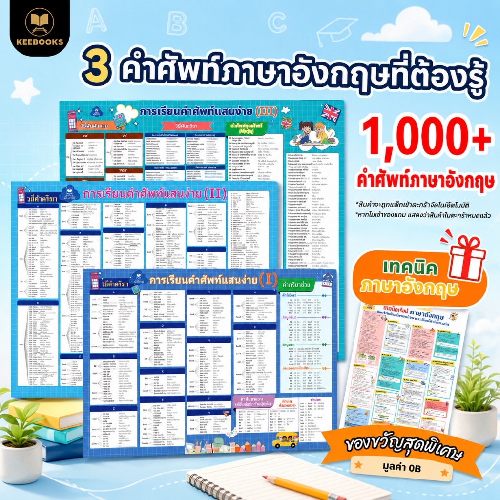 ชุดคำศัพท์ภาษาอังกฤษ 3 แผ่น KeeBooks รวมเกือบ 1,000 วลีที่ใช้บ่อย ด้วยเทคนิคแผนผังความคิด เรียนง่าย เข้าใจง่าย