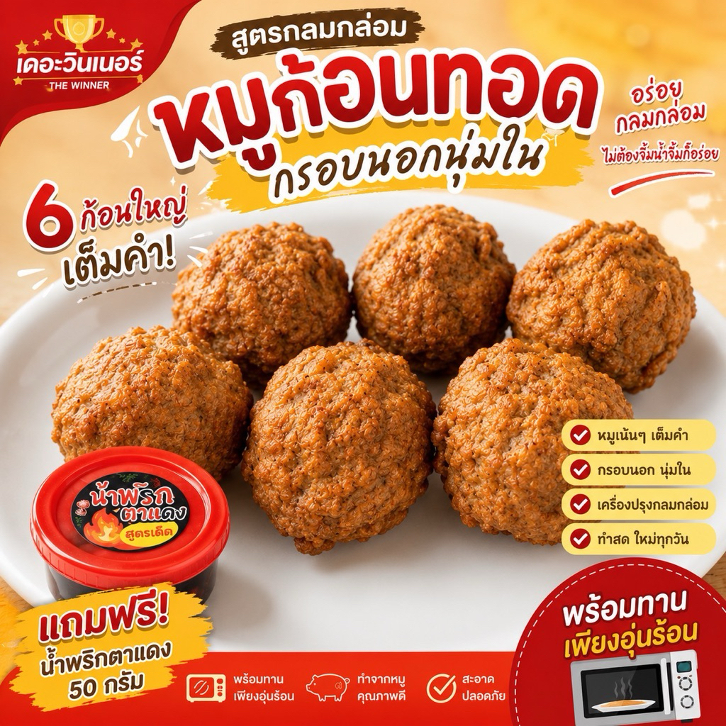 หมูก้อนทอด สูตรกลมกล่อม กรอบนอกนุ่มใน 🐷 6 ก้อนใหญ่เต็มคำ แถมน้ำพริกตาแดง 50 กรัม ฟรี!