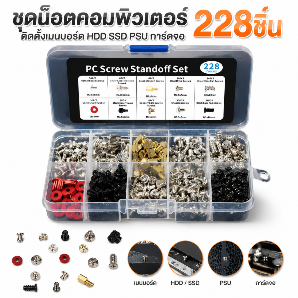 น๊อตคอมพิวเตอร์ 228 ชิ้น ชุดสกรูเมนบอร์ด พร้อมกล่องแยกประเภท สำหรับ HDD SSD PSU การ์ดจอ ใช้ซ่อม ประกอบคอมพิวเตอร์