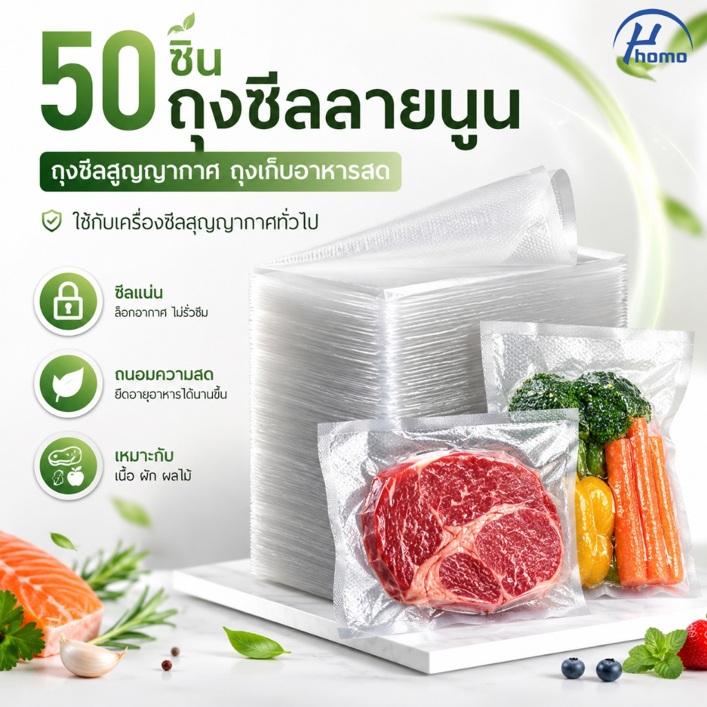 ถุงซีลสูญญากาศลายนูน 50 ชิ้น ถุงแพ็คอาหาร ถนอมอาหารสด เนื้อ ผัก ผลไม้ ของแห้ง