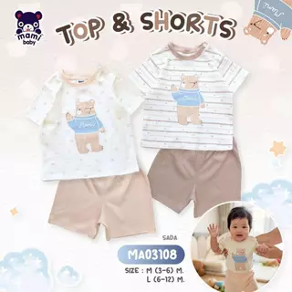𝗠𝗔𝗠𝗜 𝗕𝗔𝗕𝗬 ชุดเซ็ต เสื้้อยืดแขนสั้น กระดุมบ่า กางเกงขาสั้น Size: 3-6M 6-12M