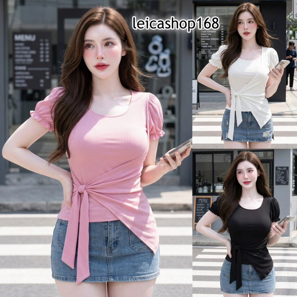 สินค้าพร้อมส่ง เสื้อแฟชั่น ผ้าร่องพรีเมี่ยม แขนตุ๊กตาป้ายข้างแต่งโบว์ข้างสม็อคหลัง แฟชั่นน่ารักๆ ใส่เที่ยว ใส่แมท  LG331