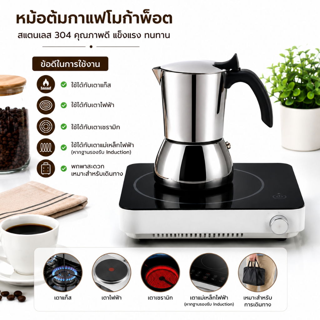 Stainless steel Italian mocha pot หม้อต้มกาแฟ moka pot 200/300/450ml