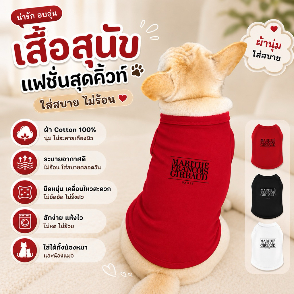 🇹🇭พร้อมส่ง🇹🇭 MARITHÉ เสื้อหมา เสื้อแมว  โทนสีพาสเทล แขนกุด เนื้อผ้าคอตตอน100% สกรีนลายน่ารัก