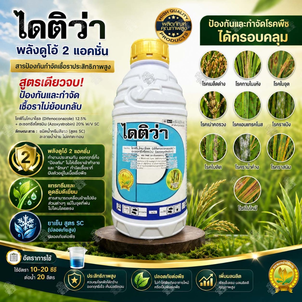 ไดติว่า (1 ลิตร*12ขวด) อะซอกซีสโตรบิน + ไดฟิโนโคนาโซล ใช้แบบ ออติวา กำจัด โรคกาบใบแห้ง ใบไหม้ ใบจุด